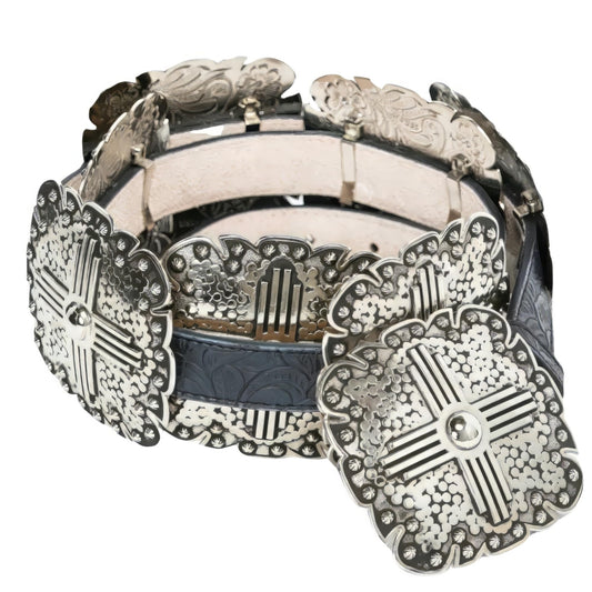 Angel Ranch Ladies Black Floral Embossed Leather Belt with Antique Silver Tone Square Conchos, Removable Buckle, Large