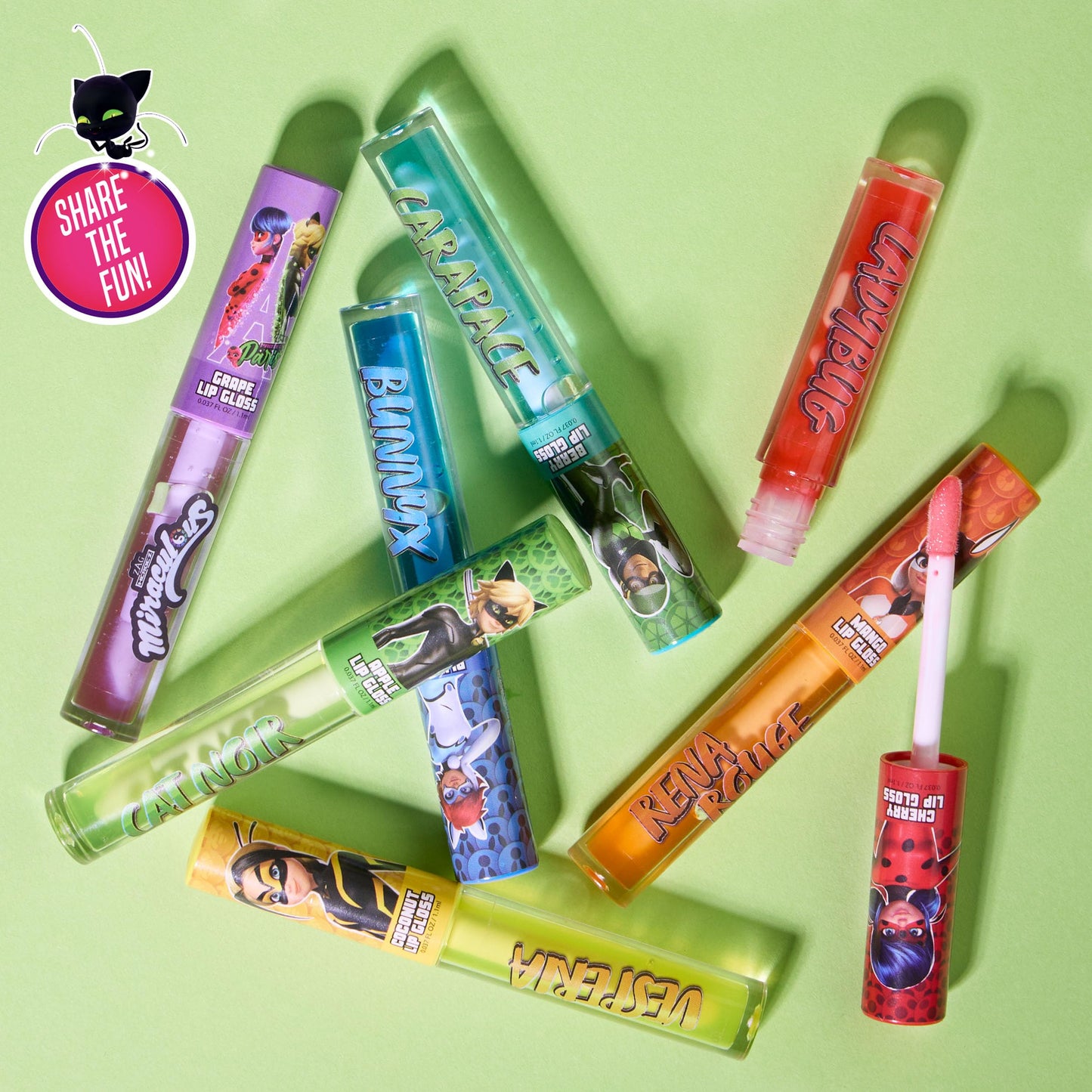Miraculous 7pc Lip Gloss Set - Zag Heroez Lipgloss Collection Featuring Exciting Fruit Flavors & Precision Applicator Lip Gloss Tubes With Wand