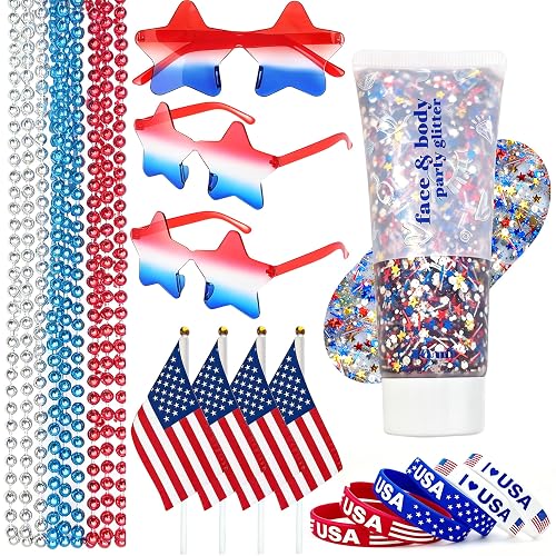 4th of July Outfits for Women, Red White and Blue Face Body Glitter Gel, 9Pcs Necklaces, 6Pcs Silicone Bracelets, 4 Mini USA Flags, 3 Pairs Star
