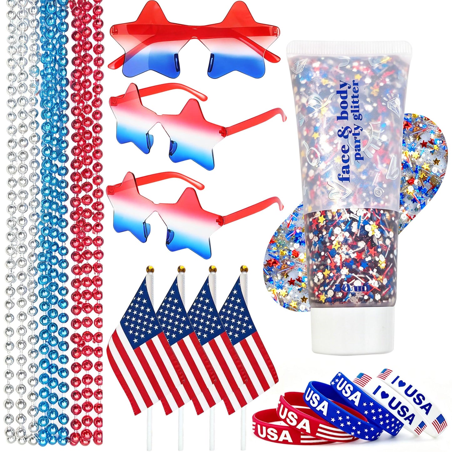4th of July Outfits for Women, Red White and Blue Face Body Glitter Gel, 9Pcs Necklaces, 6Pcs Silicone Bracelets, 4 Mini USA Flags, 3 Pairs Star