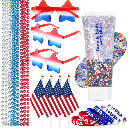 4th of July Outfits for Women, Red White and Blue Face Body Glitter Gel, 9Pcs Necklaces, 6Pcs Silicone Bracelets, 4 Mini USA Flags, 3 Pairs Star