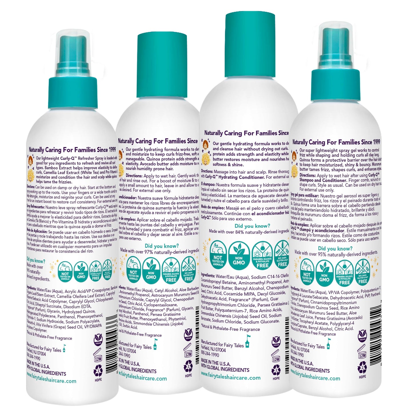 Fairy Tales Curly Q Hydrating Kids Shampoo 12oz, Conditioner 8oz, Styling Spray Gel 8oz & Refresher Spray 8oz - Paraben, Sulfate, Gluten & Nut Free