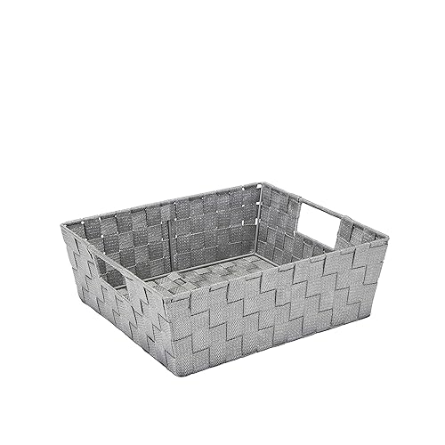 Simplify 13"x15"x5" Large Striped Woven Basket for Storage with Handles, Nursery, Playroom, Toys, Bedroom, Closet, Clothes, Office, Decorative Lurex…