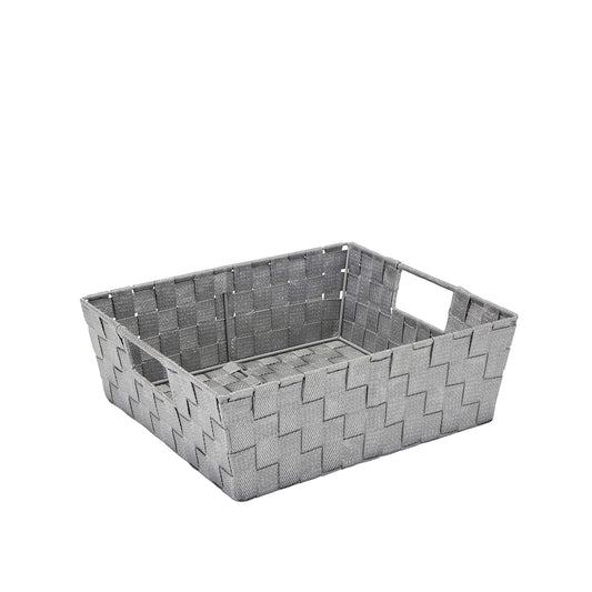 Simplify 13"x15"x5" Large Striped Woven Basket for Storage with Handles, Nursery, Playroom, Toys, Bedroom, Closet, Clothes, Office, Decorative Lurex…