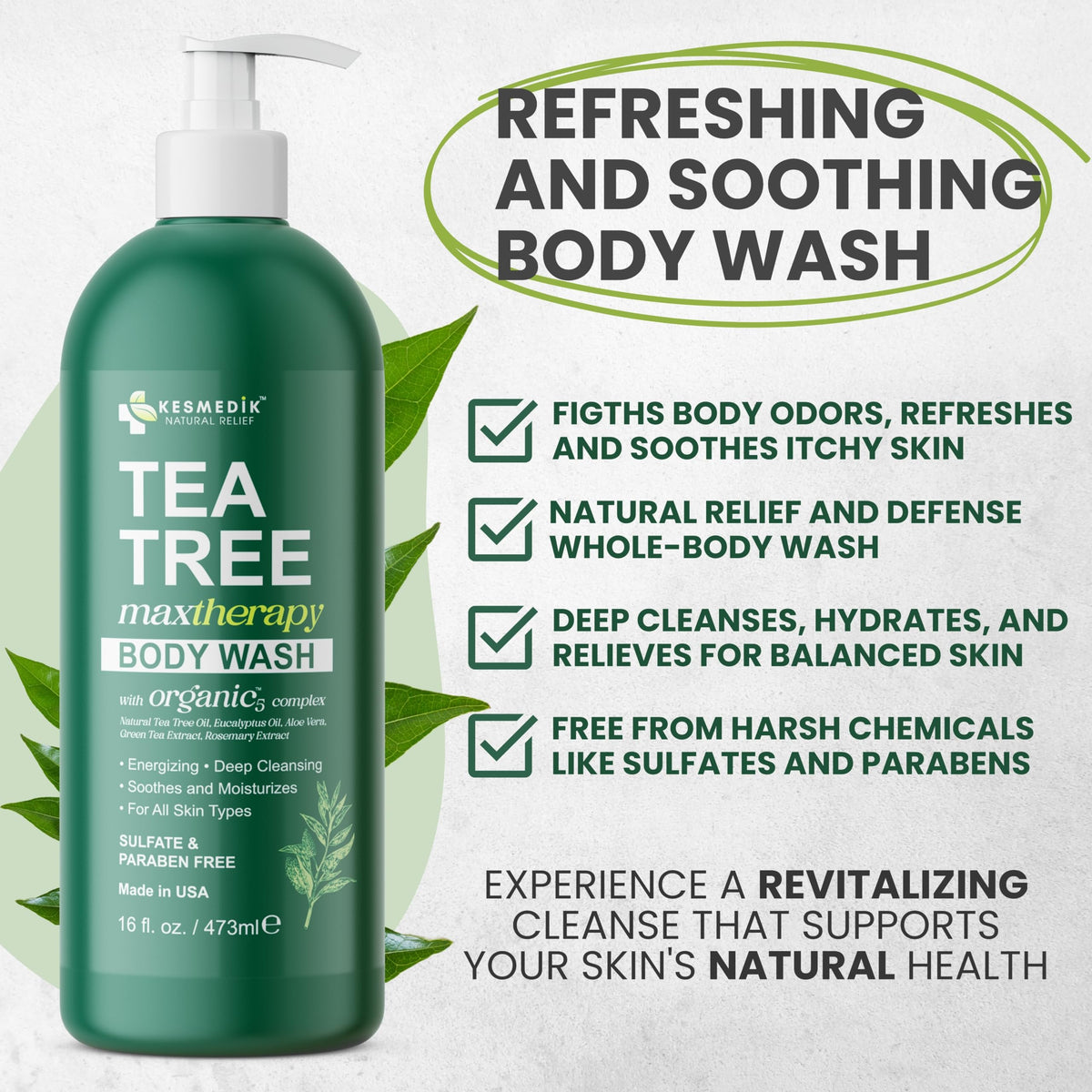 KESMEDIK Tea Tree Body Wash MaxTherapy with Eucalyptus, Aloe & 100% Tea Tree Oil for Skin, Cleans, Soothes and Refreshes Sensitive, Itchy Skin, Body Beauty and Personal Care KESMEDIK