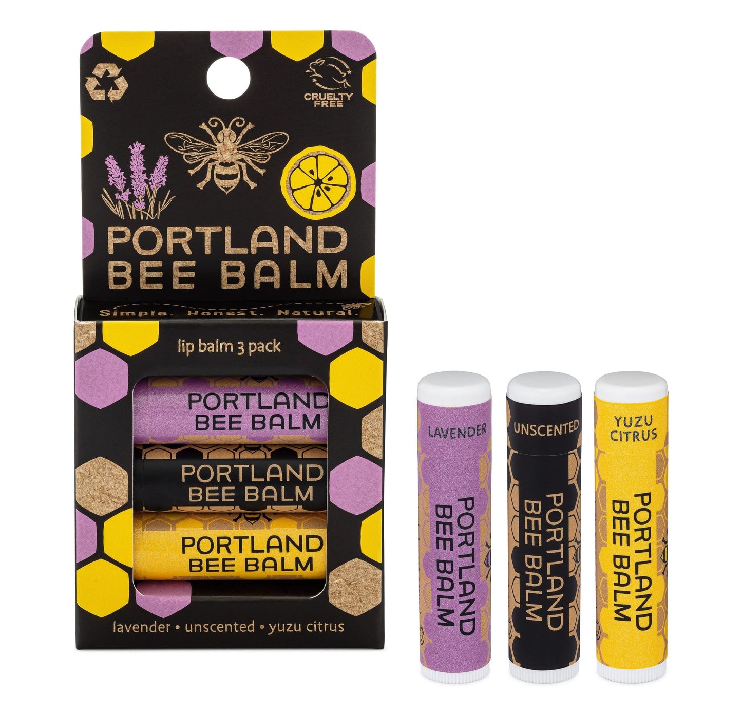Portland Bee Balm All Natural Handmade Beeswax Based Lip Balm Unscented, Yuzu Citrus and Lavender Assortment 3 Count