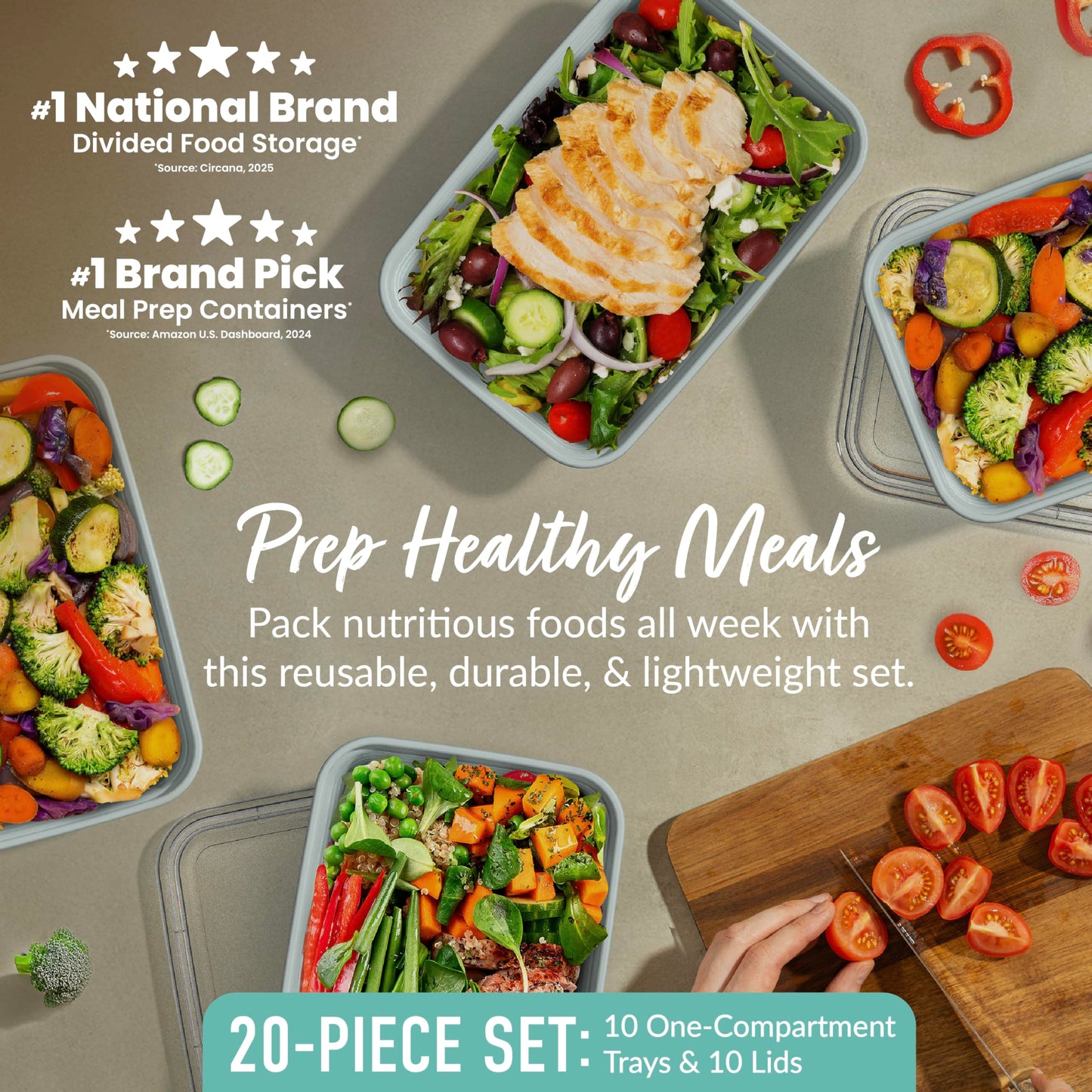 Bentgo Prep - 20-Piece 1-Compartment Reusable Meal Prep Containers with Lids, PFAS & BPA Free Materials, Durable, Microwave, Freezer, & Dishwasher…