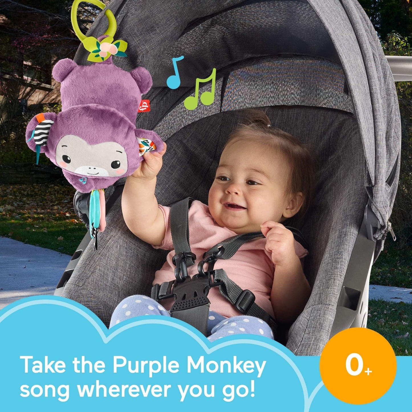 Fisher-Price Baby Stroller Toy Sing & Go Purple Monkey Musical Sensory Plush with Crinkle & Clackers for Newborns from Birth+