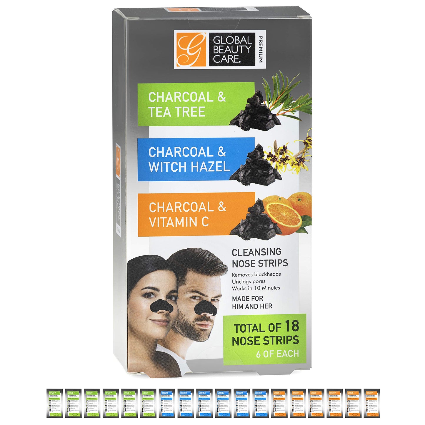 Global Beauty Care Premium 18 Nose Cleansing Strips VARIETY PACK Charcoal with Tea Tree, Witch Hazel, & Vitamin C For Blackheads Removal Strips - 18