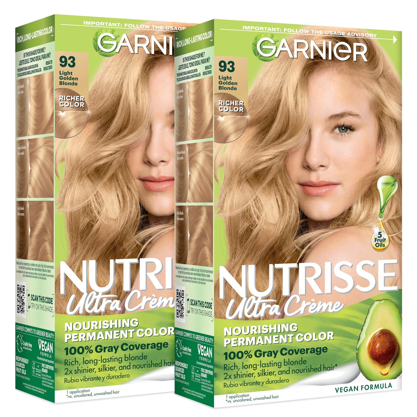 Garnier Nutrisse Ultra Crème Hair Color, Permanent Hair Dye with 100% Gray Coverage, Vegan & Cruelty-Free, 93 Light Golden Blonde (Honey Butter), 2