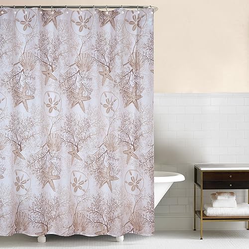C & F Enterprises Barefoot Landing Brown Sea Life Coral Starfish Shells Cotton Shower Curtain
