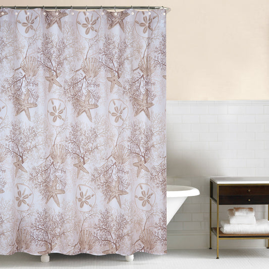 C & F Enterprises Barefoot Landing Brown Sea Life Coral Starfish Shells Cotton Shower Curtain