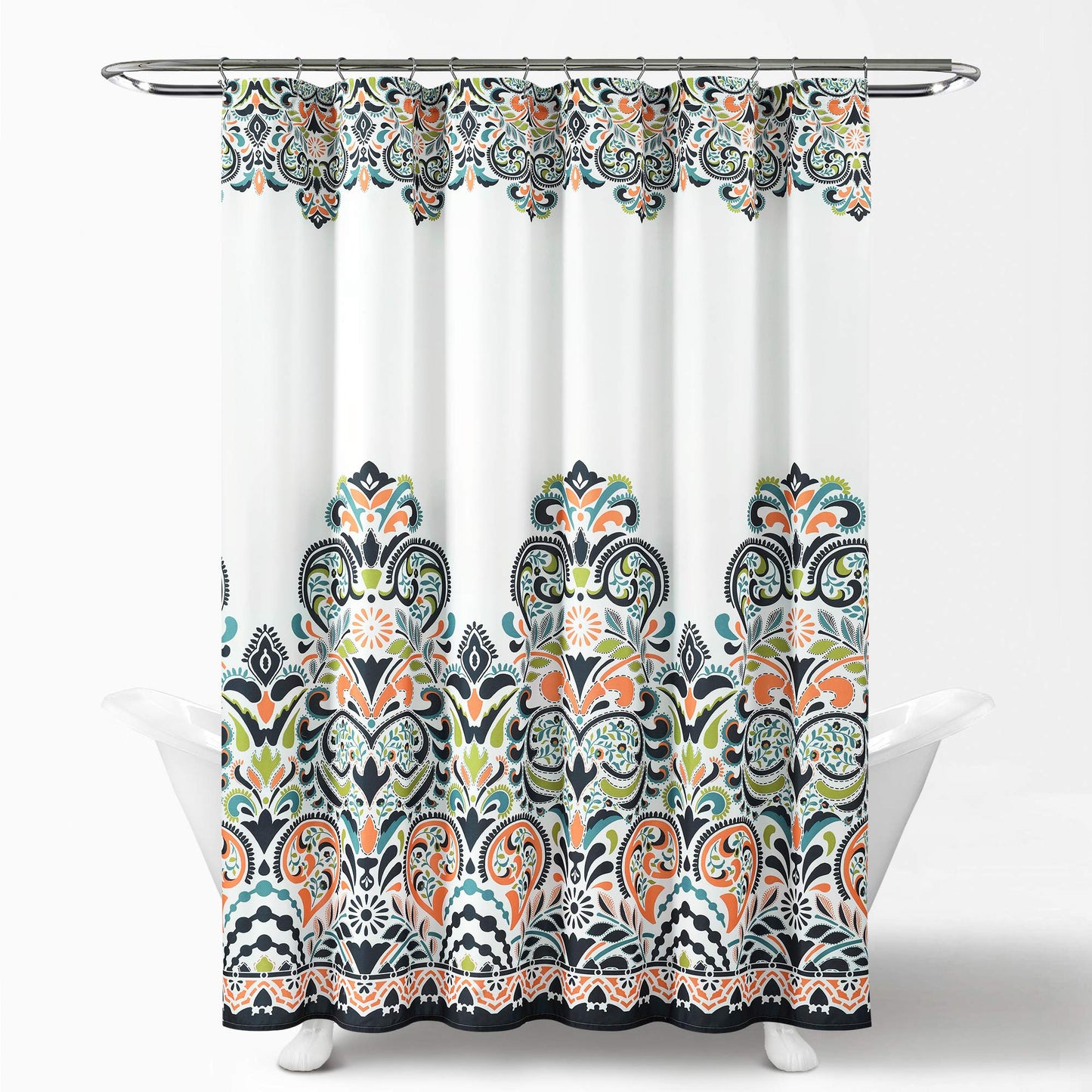 Lush Decor Navy and Tangerine Clara Shower Curtain-Fabric Colorful Boho Paisley Damask Print Design, 72 x 72