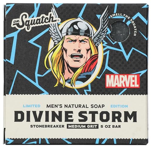 Dr. Squatch All Natural Divine Storm Limted Edition Men's Bar Soap with Medium Grit Marvel Thor Stonebreaker Made From Natural Oils, Black