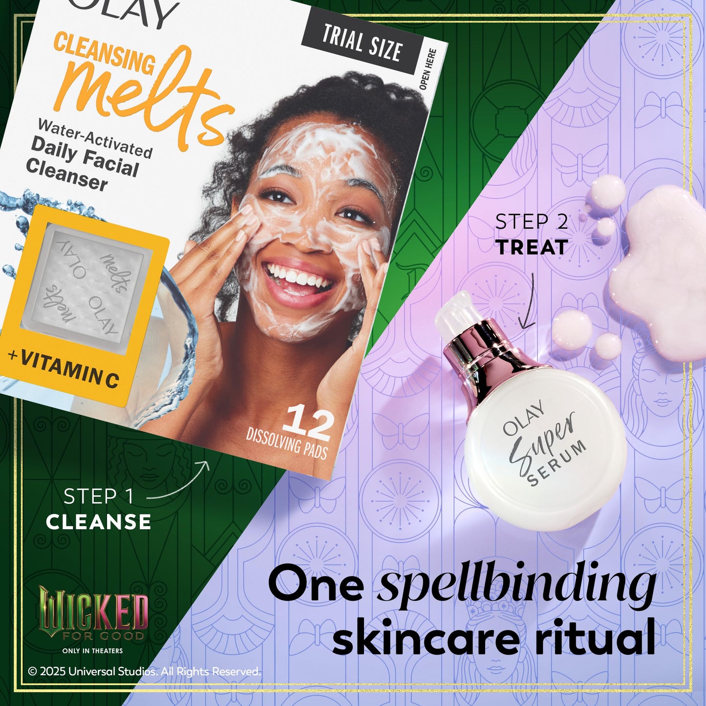 Olay x Wicked: For Good: Perfect Duo Skin Care Set, Skin Care Gift Set, 2pc, Vitamin C Cleansing Melts 12 Count, Super Serum Trial Size 0.4 FL OZ