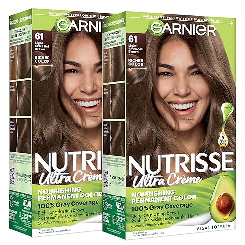 Garnier Nutrisse Ultra Crème Hair Color, Permanent Hair Dye with 100% Gray Coverage, Vegan & Cruelty-Free, 61 Light Extra Ash Brown (Mochaccino), 2