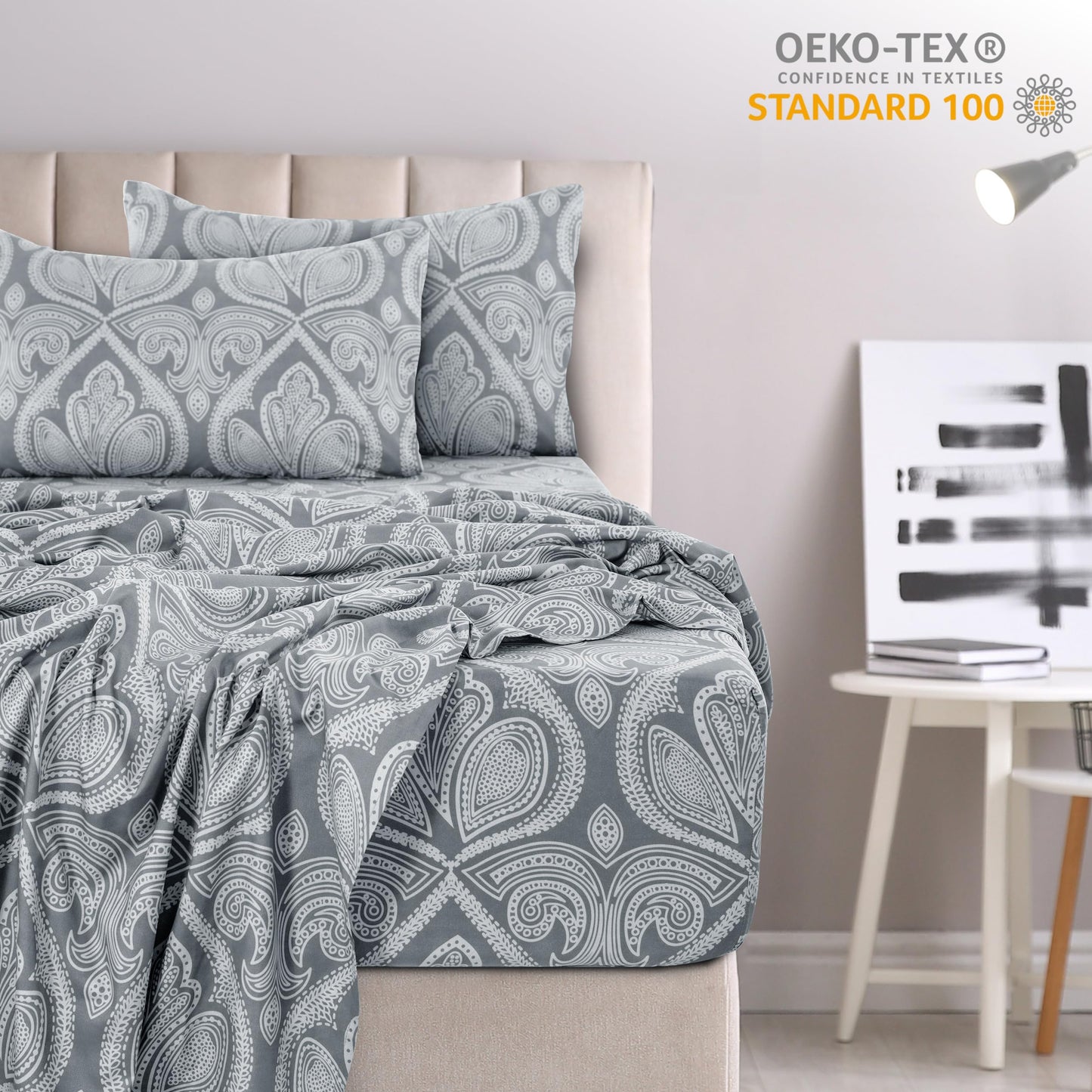 Hannah Linen Paisley King Sheet Set, 4 PC Soft Microfiber Wrinkle Free Sheets - Luxurious Printed Bed Sheets Includes Flat Sheet, Fitted Sheet with