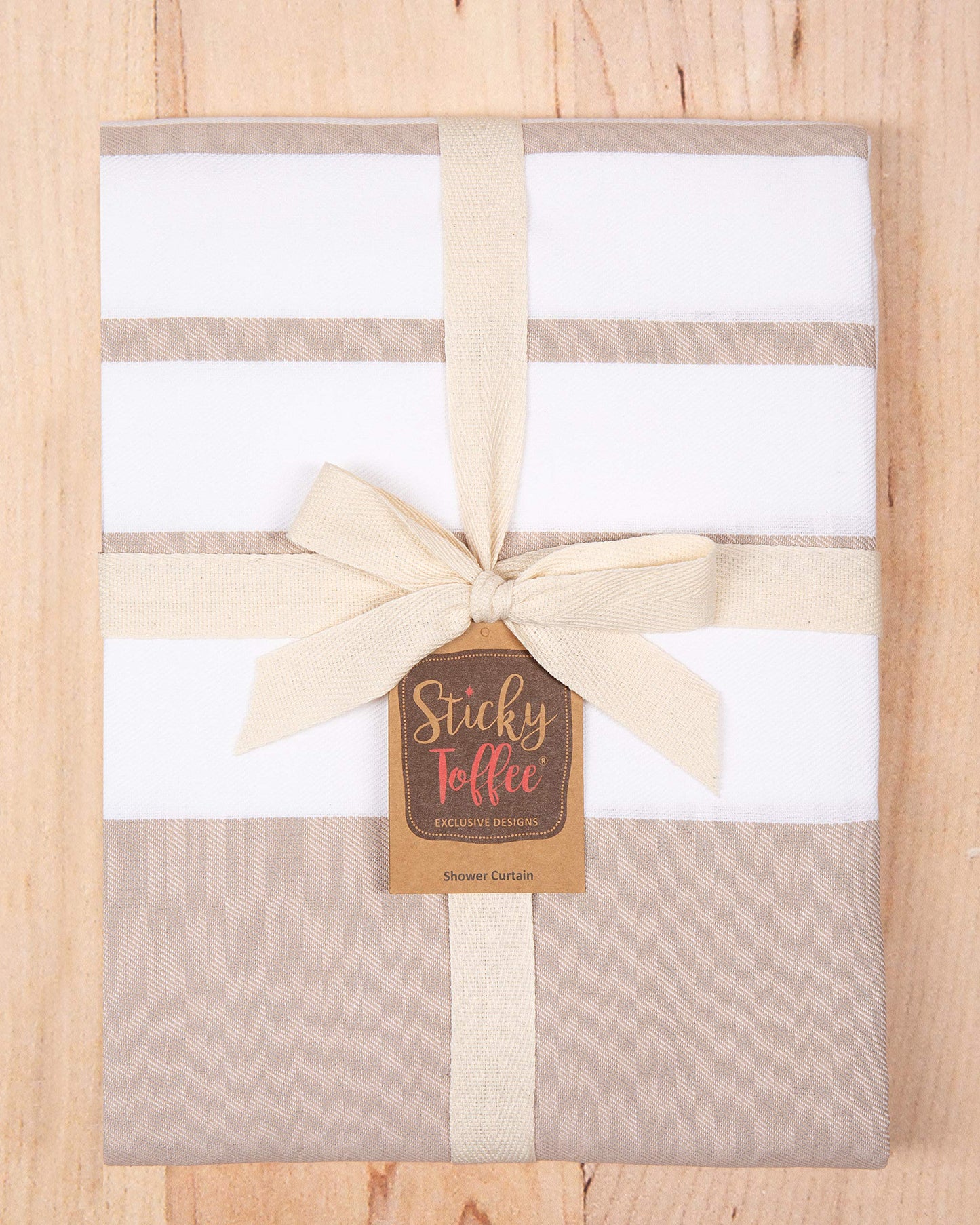 Sticky Toffee White and Tan Striped Shower Curtain 72x72 in - Woven Cotton Fabric for Bathroom, Farmhouse Boho Style, Oeko-Tex Cotton