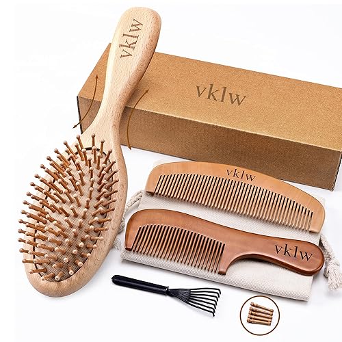 vklw Wooden Hair Brush and Comb, One-piece Design, Reduce Frizz and Static, Massage Scalp, Detangling Paddle Hairbrush for Women, Girls, Kids
