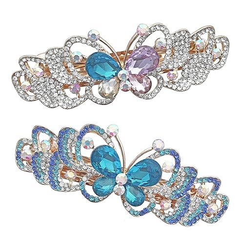 Rhinestone Crystal Barrettes - Set of 2 - Jeweled Butterfly Hair Clips - 1 with Blue Crystals and 1 with Mulit-Colored Crystals - Rose Gold Tone Metal