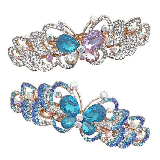Rhinestone Crystal Barrettes - Set of 2 - Jeweled Butterfly Hair Clips - 1 with Blue Crystals and 1 with Mulit-Colored Crystals - Rose Gold Tone Metal