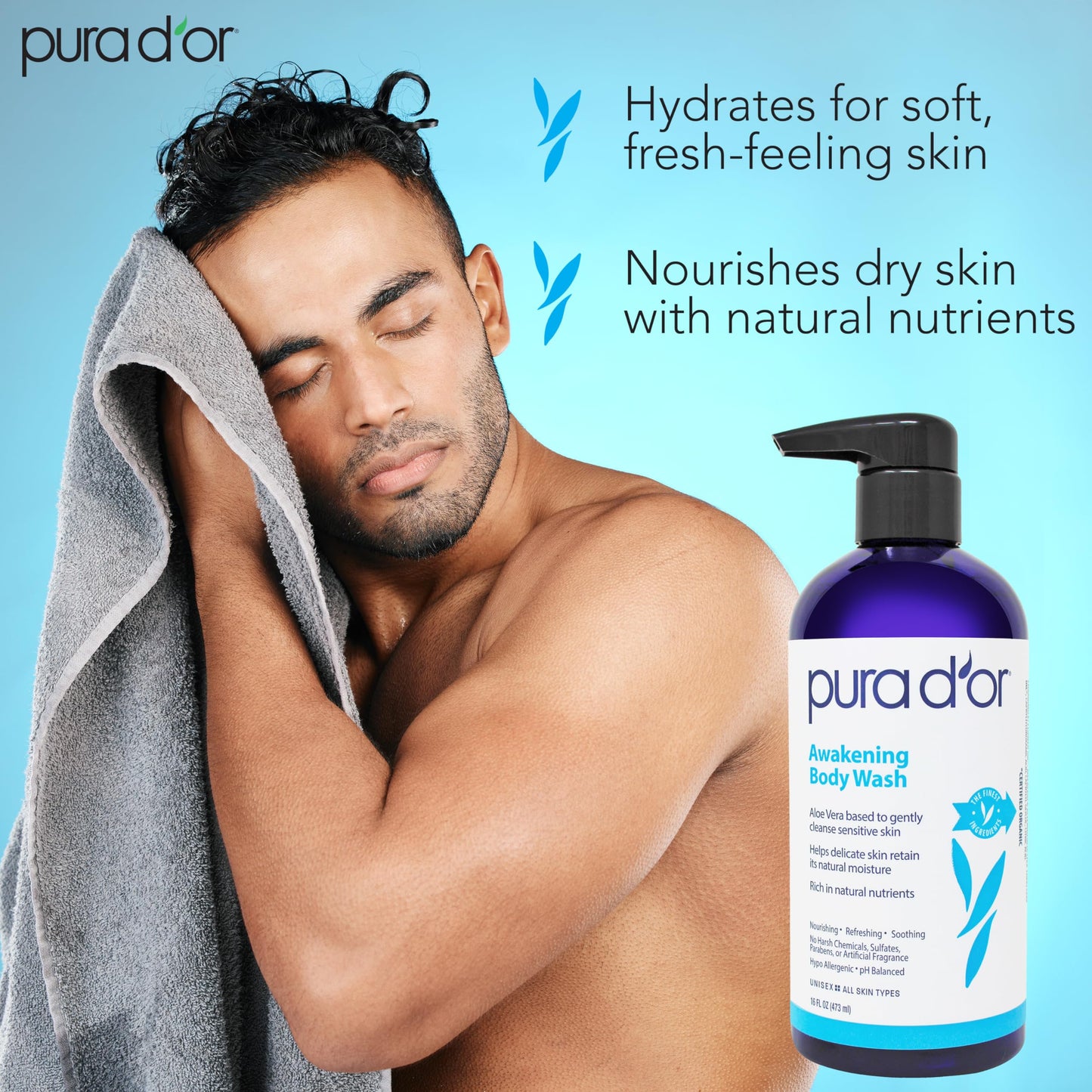 PURA D'OR Awakening Body Wash (16oz x2 = 32oz) Aloe Vera, Chamomile, Lavender, Tea Tree for Invigorating Earthy Scent, pH Balanced for Moisturized Beauty & Personal Care PURA D'OR