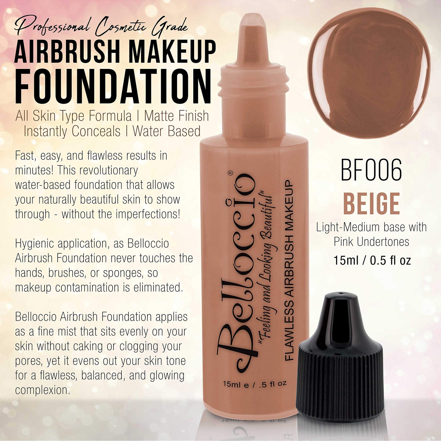Belloccio's Professional Cosmetic Airbrush Makeup Foundation 1/2oz Bottle: Beige- Light-medium Pink Undertones