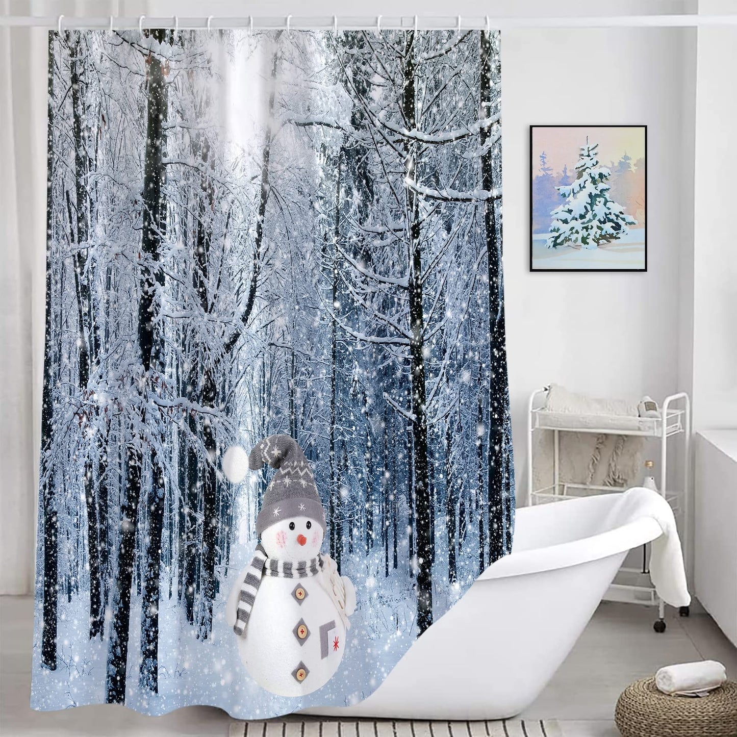 Jbralid Winter Forest Shower Curtain Snow Covered Forest Trees Pathway Nature Scene Shower Curtains for Bathroom Christmas Snowman Waterproof Fabric…