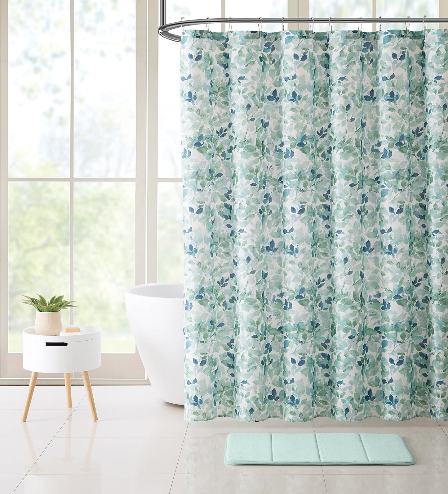 VCNY Home Bathroom Fabric Shower Curtain: Lush Nature Teal Blue Green White Leaf Pattern on Faux Linen