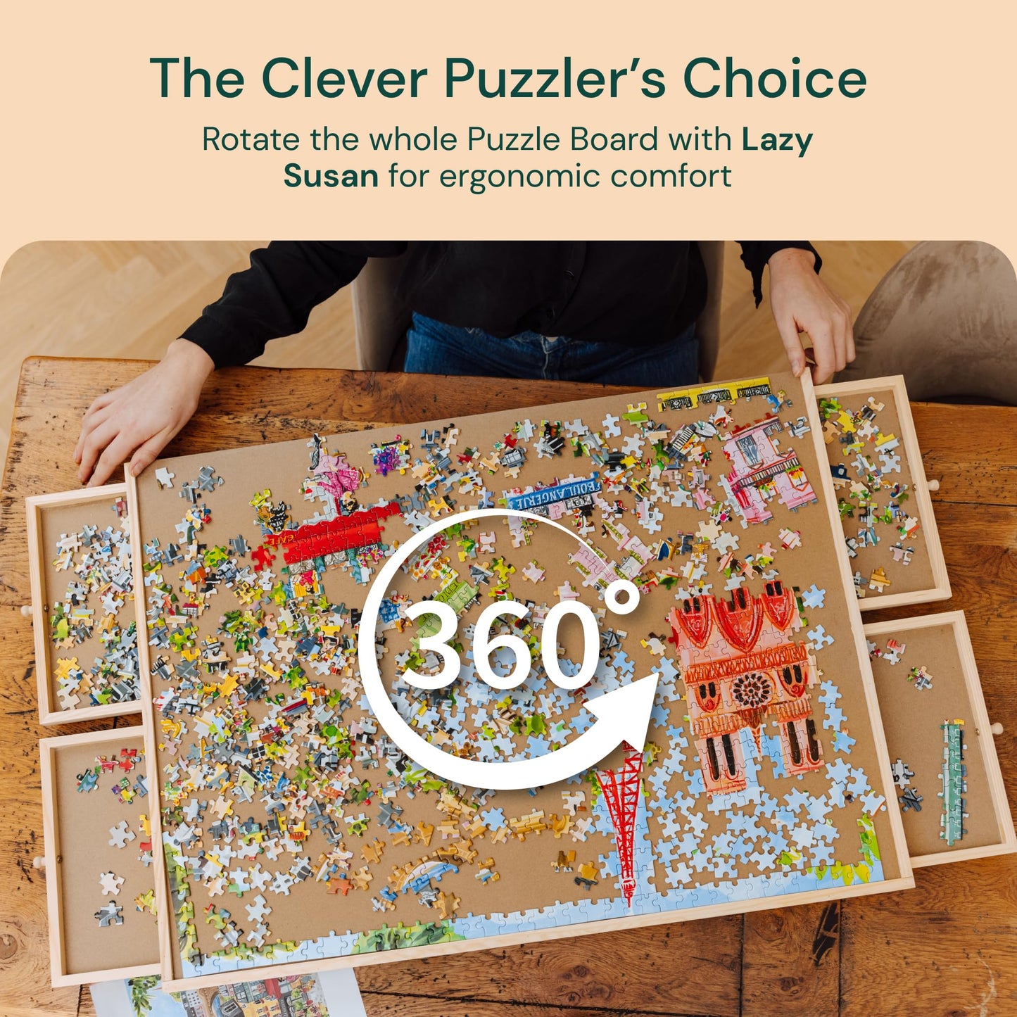 PlayVibe 1000-Piece Rotating Puzzle Board – Portable 22"x30" Wooden Jigsaw Table with Drawers, Cover & 4 Compartments, Lazy Susan Spinning Design