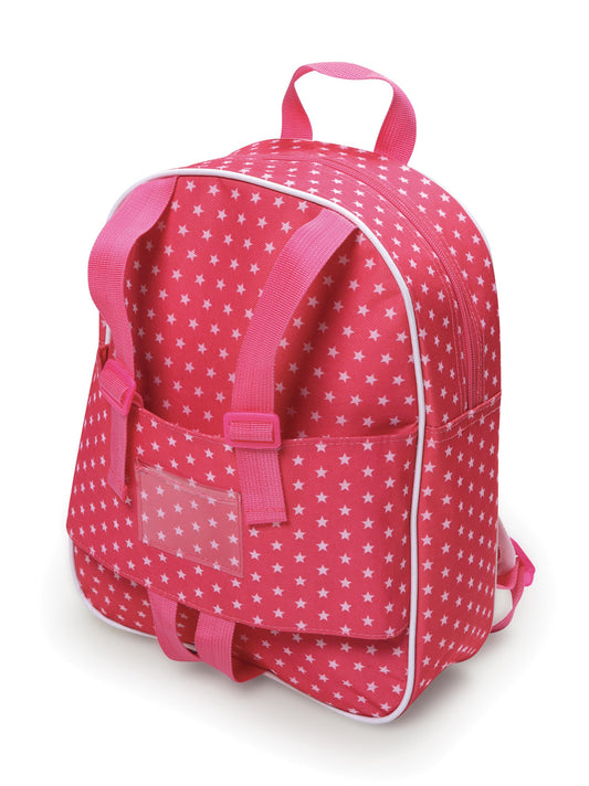 Badger Basket Doll Travel Backpack for Dolls - Stylish, Durable Carrying Case with Clear Storage Pockets - Best for On-the-Go Play and Doll Accessories - Design in Pink & White Stars