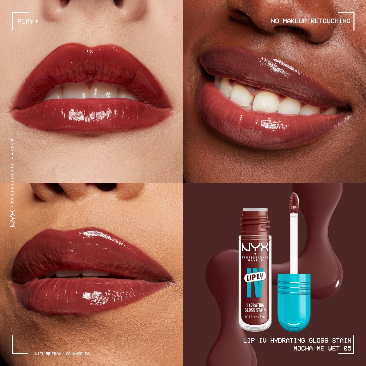 NYX PROFESSIONAL MAKEUP Lip IV Hydrating Glossy Lip Stain, Long-Lasting, Tinted, Vegan Formula with 12 HR Hydration - Mocha Me Wet (Brown)