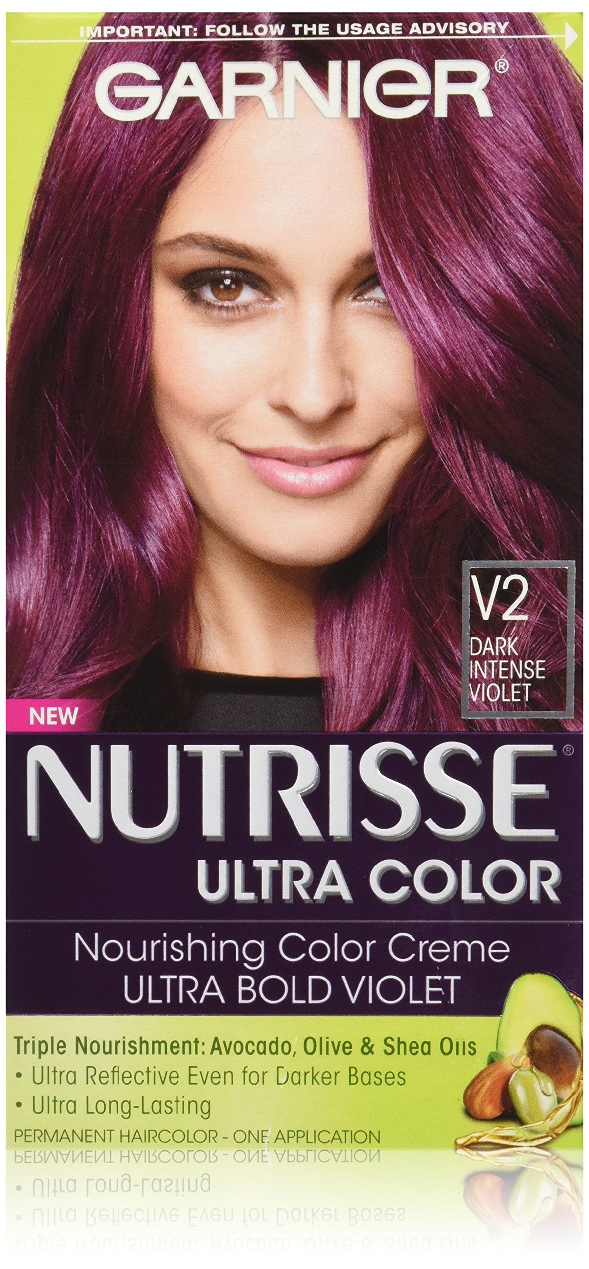 Garnier Nutrisse Ultra Color Nourishing Permanent Hair Color Cream, V2 Dark Intense Violet (1 Kit) Purple Hair Dye