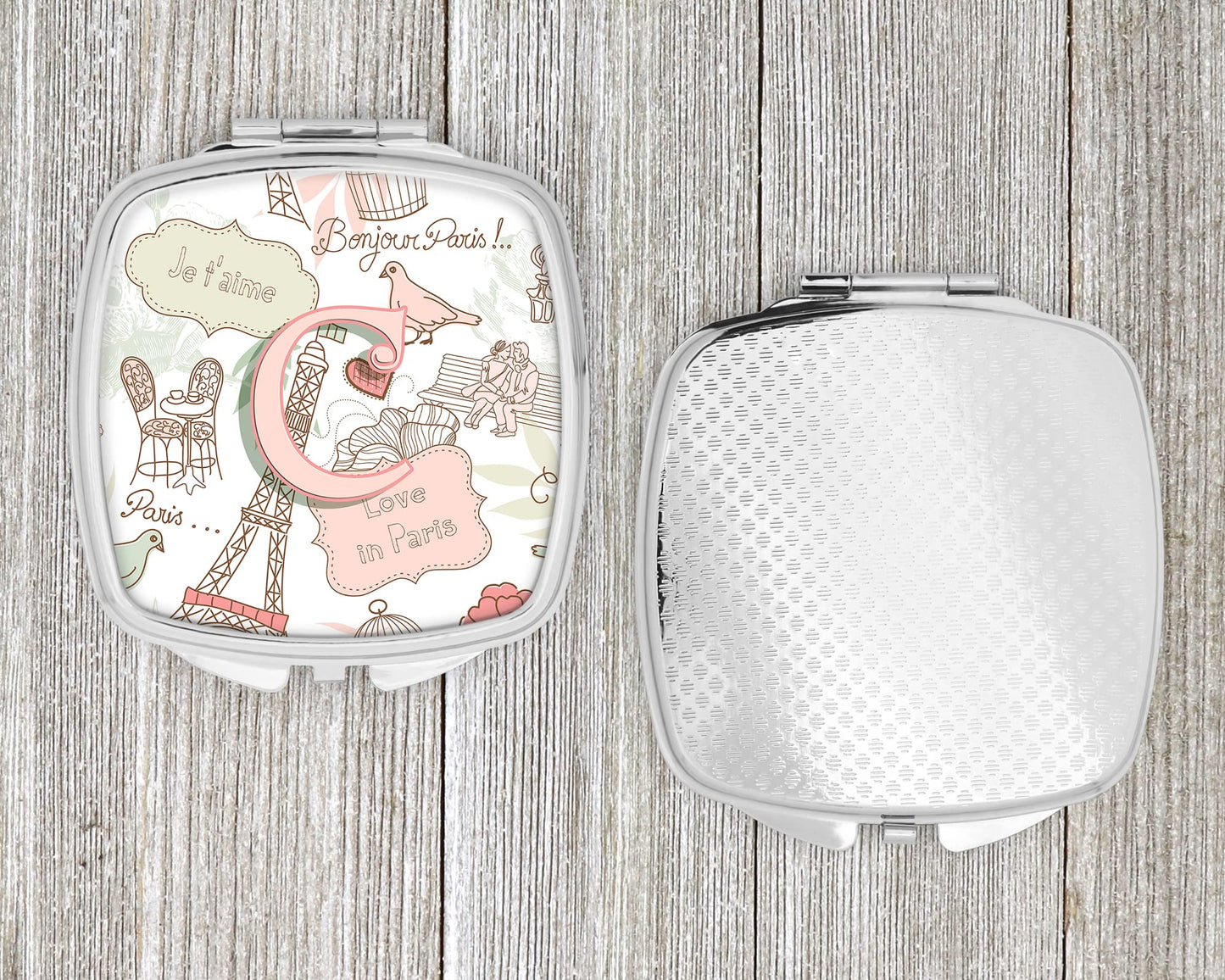 Caroline's Treasures CJ2002-CSCM Letter C Love in Paris Pink Compact Mirror Decorative Travel Makeup Mirror for Women Girls Gifts Pocket Makeup Mirror