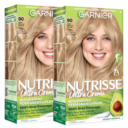 Garnier Nutrisse Ultra Crème Hair Color, Permanent Hair Dye with 100% Gray Coverage, Vegan & Cruelty-Free, 90 Light Natural Blonde (Macadamia), 2 Beauty & Personal Care Garnier