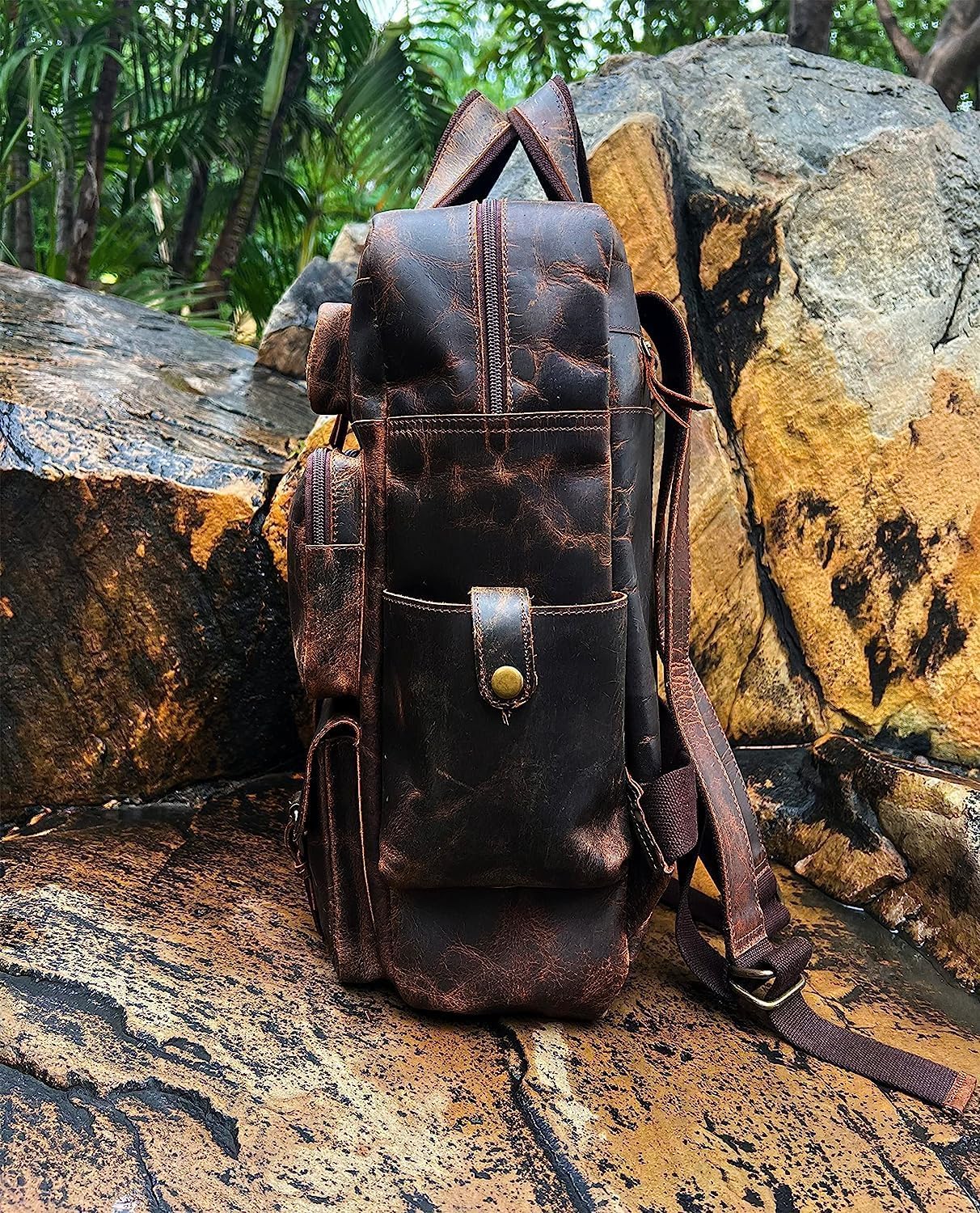 Buffalo Leather Backpack Multi Pockets Daypack Travel Laptop Bag for Men Women