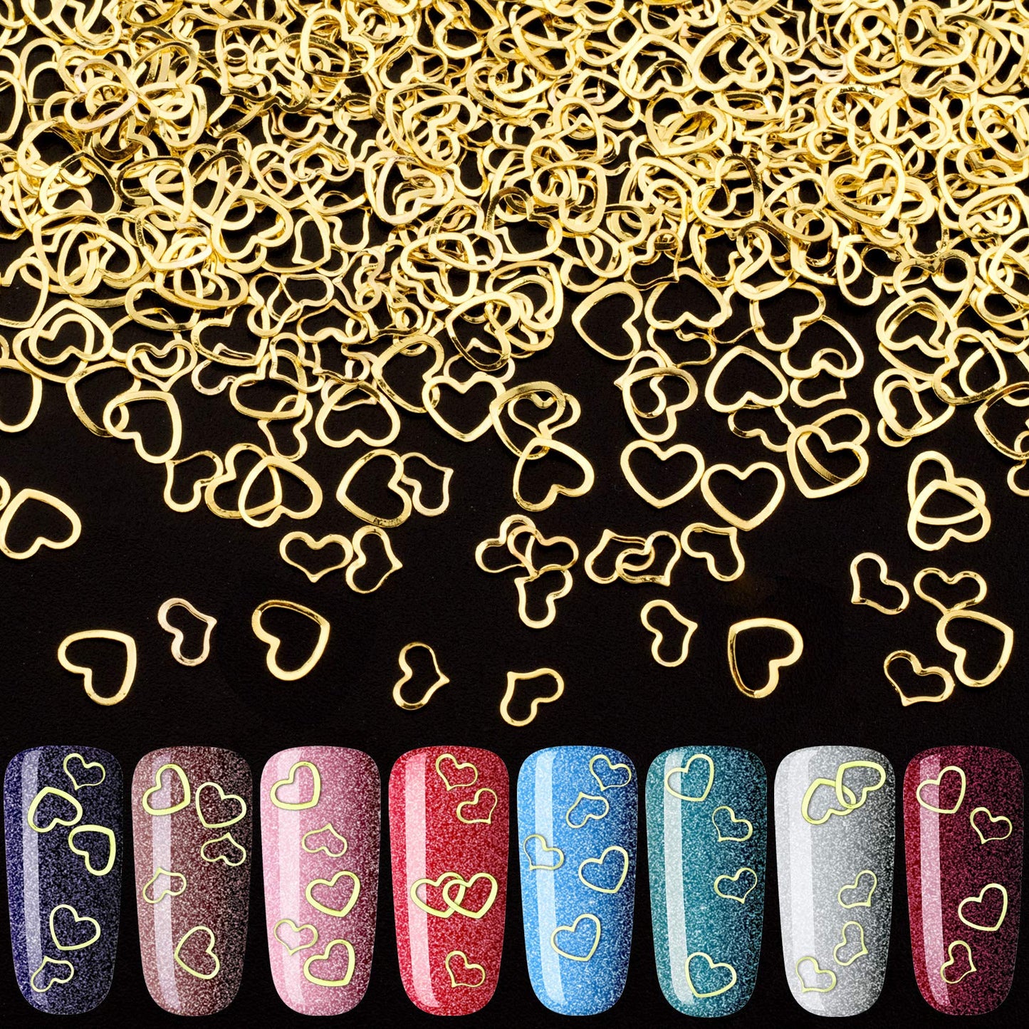 PAGOW 1000pcs 3D Gold Heart Nail Art Metal Charm Kit Love Small Metallic DIY Studs Sequins Valentine Decoration Spring Summer Accessories Gift