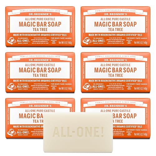 Dr. Bronner's Pure-Castile Magic Bar Soap (Tea Tree, 5 ounce, 6-Pack) - Made with Regenerative Organic Certified Oils, For Face, Body & Hair, Gentle