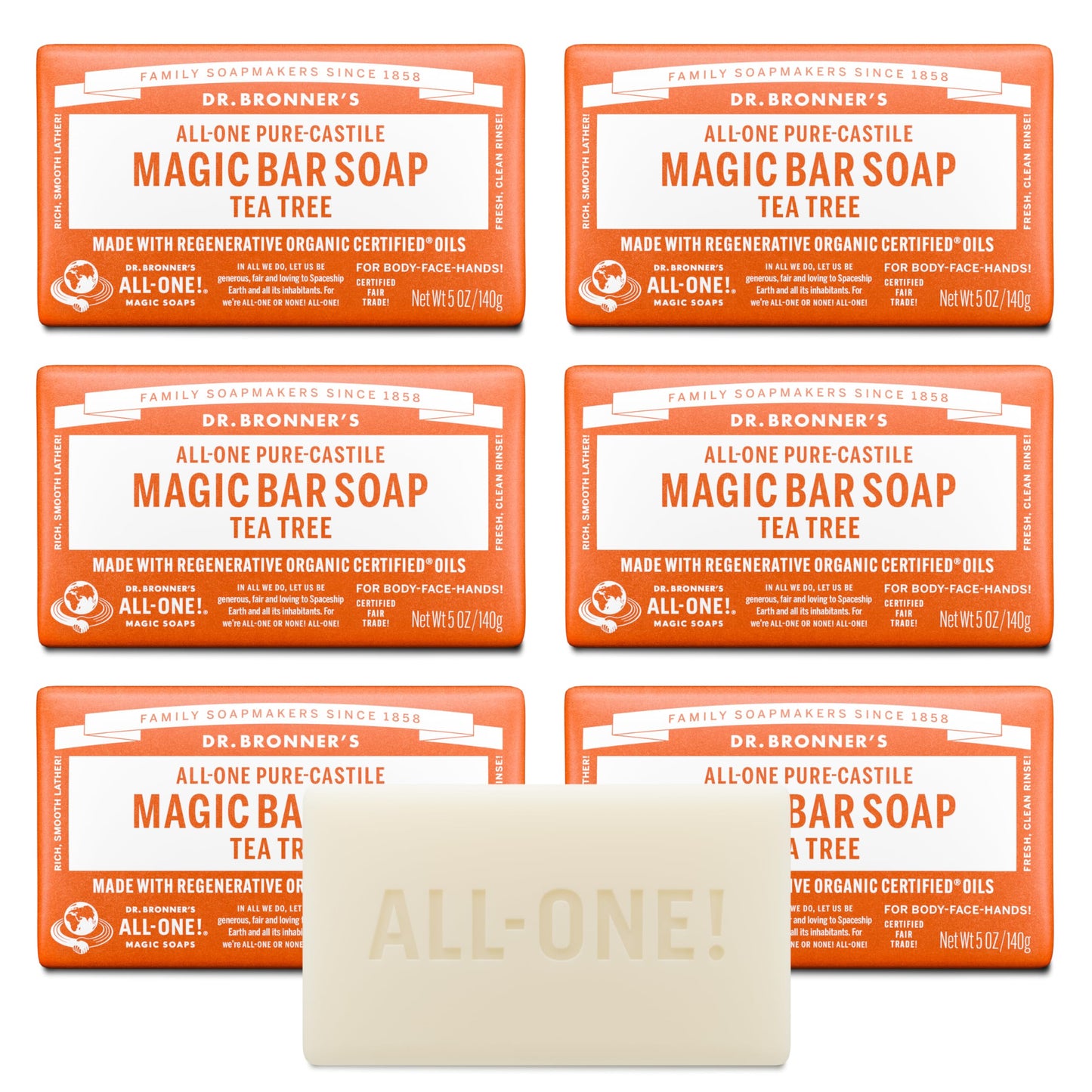 Dr. Bronner's Pure-Castile Magic Bar Soap (Tea Tree, 5 ounce, 6-Pack) - Made with Regenerative Organic Certified Oils, For Face, Body & Hair, Gentle