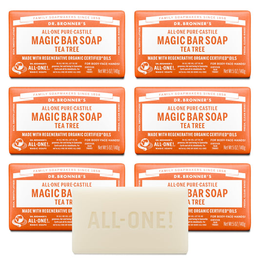 Dr. Bronner's Pure-Castile Magic Bar Soap (Tea Tree, 5 ounce, 6-Pack) - Made with Regenerative Organic Certified Oils, For Face, Body & Hair, Gentle Beauty & Personal Care Dr. Bronner's
