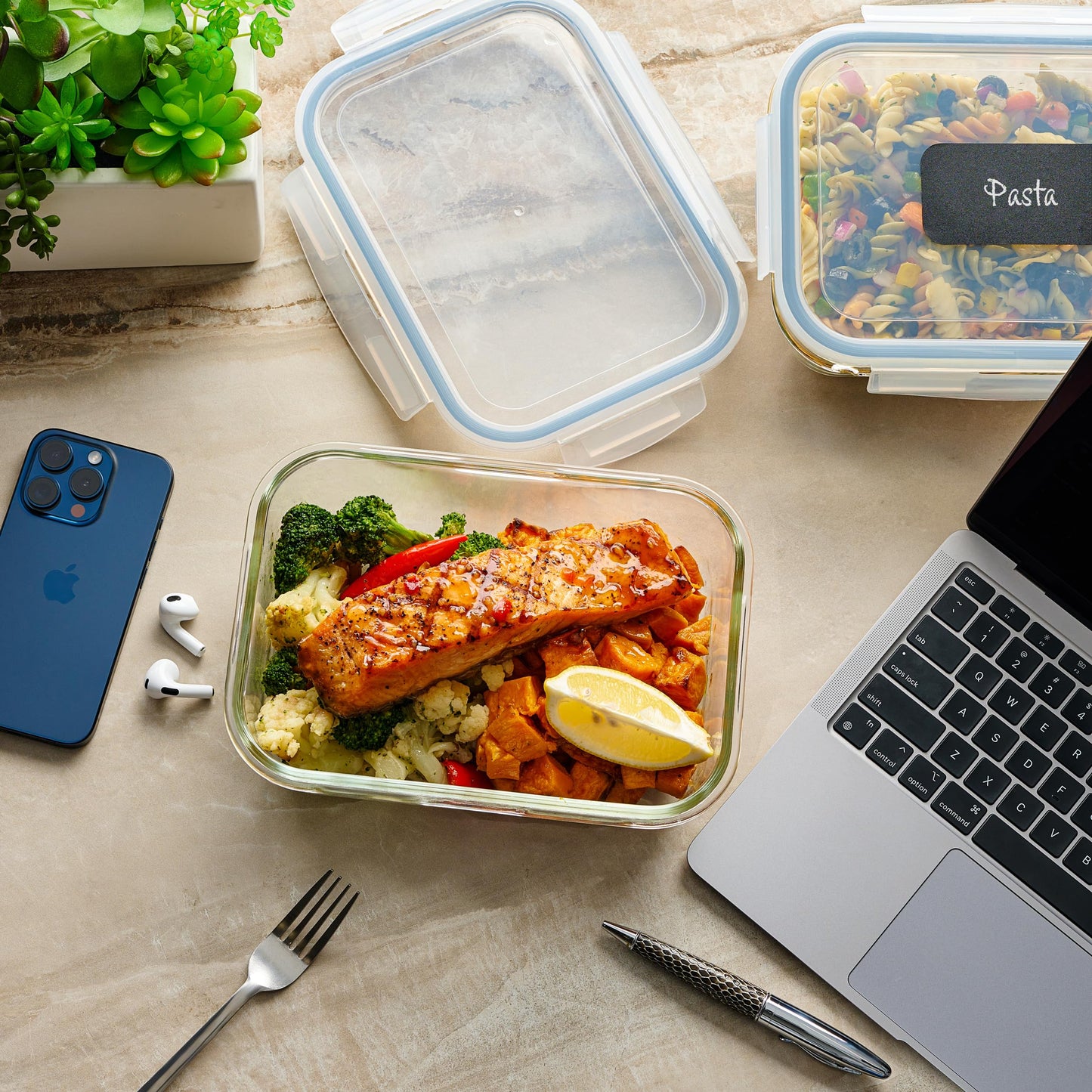 4pc Set - 8 Cup / 64oz Large Glass Food Storage Containers with Lids Airtight Meal Prep Container with Lid Lock - Freezer Microwave & Oven Safe Clear…