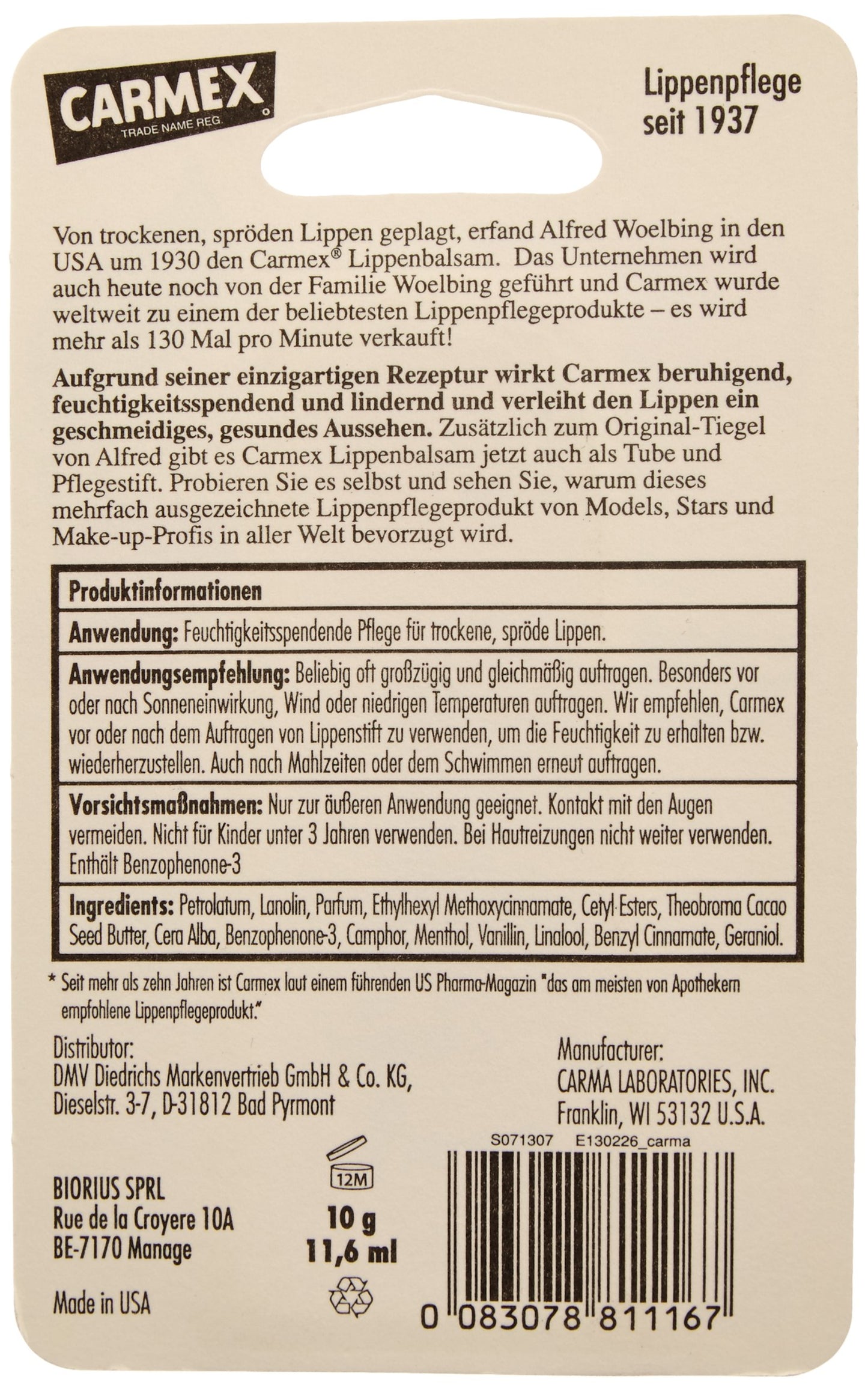 Carmex Cherry Lip Balm SPF 15 0.35 oz (Pack of 12)