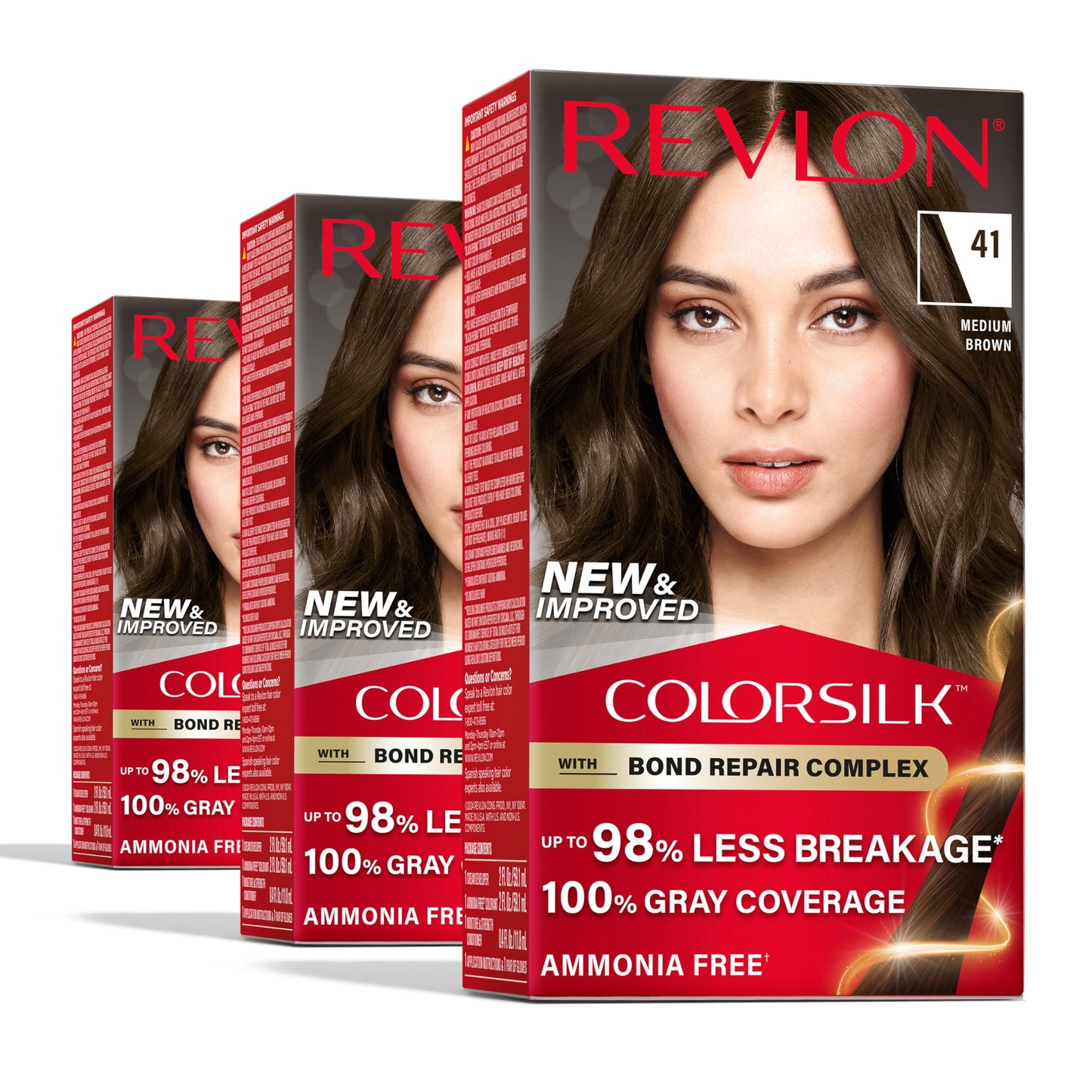 Revlon ColorSilk with Bond Repair Complex, Brown Permanent Hair Color, 100% Gray Coverage, Ammonia Free Hair Dye, Vegan Keratin, 41 Medium Brown (Pack