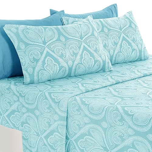 LUX Décor Paisley King Sheet Set - 6 Piece Ultra-Soft Microfiber Bed Sheets with Flat Sheet, 16 Inches Deep Pocket Fitted Sheet & 4 Pillowcases,