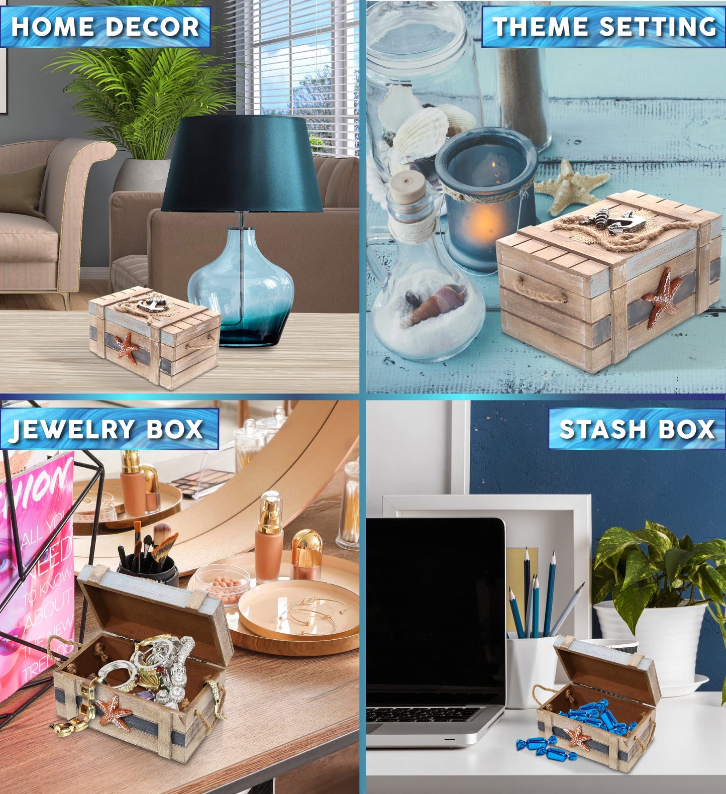 CoTa Global Neptune Wooden Jewelry Box - Handcrafted Nautical Trinket Wooden Box with Starfish and Boat Anchor, Decorative Box With Hinged Lid…