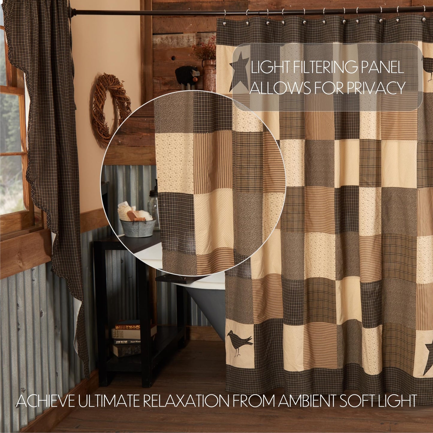 VHC Brands Kettle Grove, Primitive, Bath Decor, Shower Curtain, 72x72