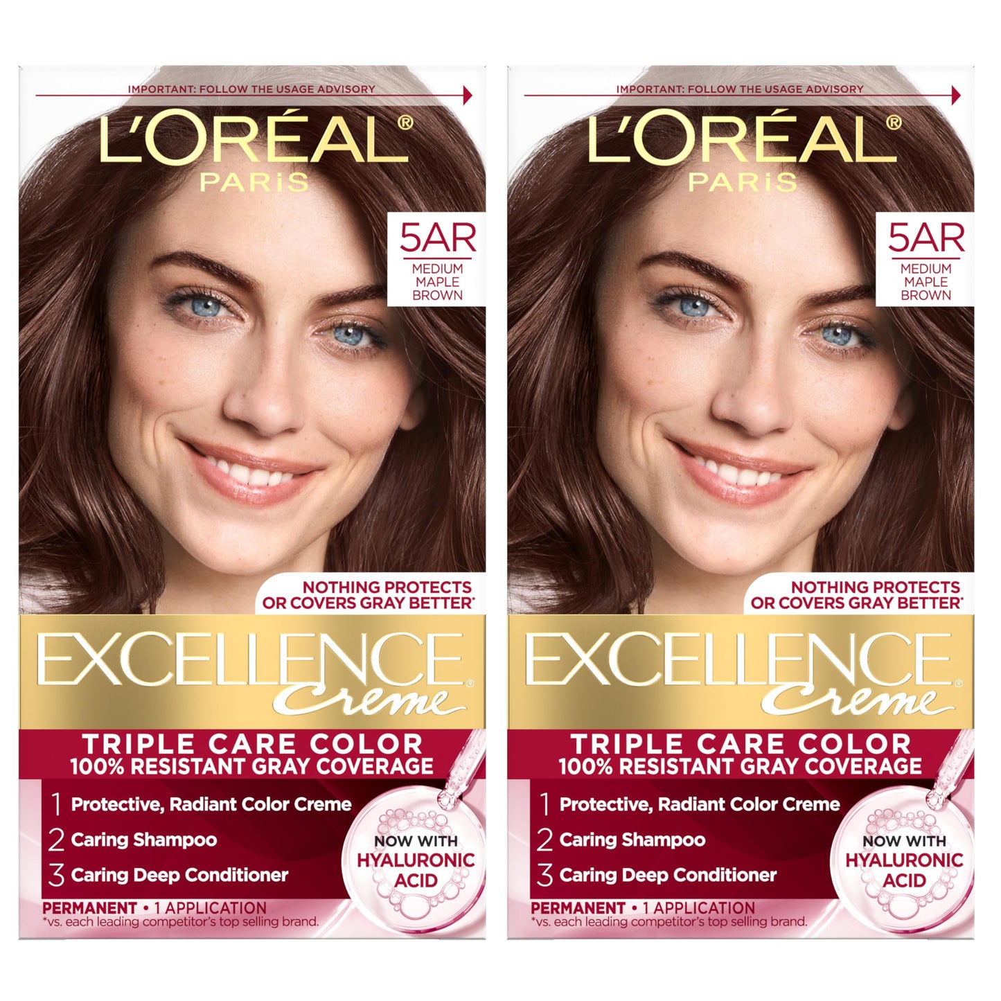 L'Oreal Paris Excellence Crème Permanent Hair Dye, Triple Care Hair Color with Hyaluronic Acid for 100% Gray Coverage, 5AR Medium Maple Brown, 1 Kit