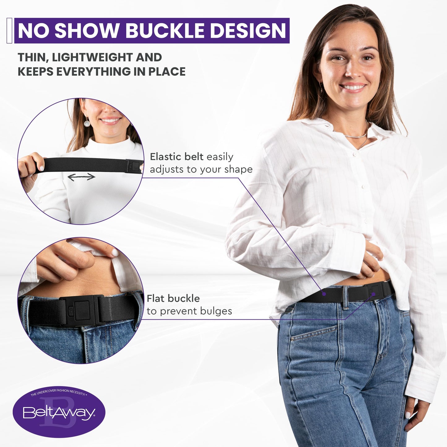 BELTAWAY Easily Adjustable Elastic Flat Buckle No Show Belts for Women - Stretch, Low Profile Design, Soft - Ideal for Jeans, Pants BLACK