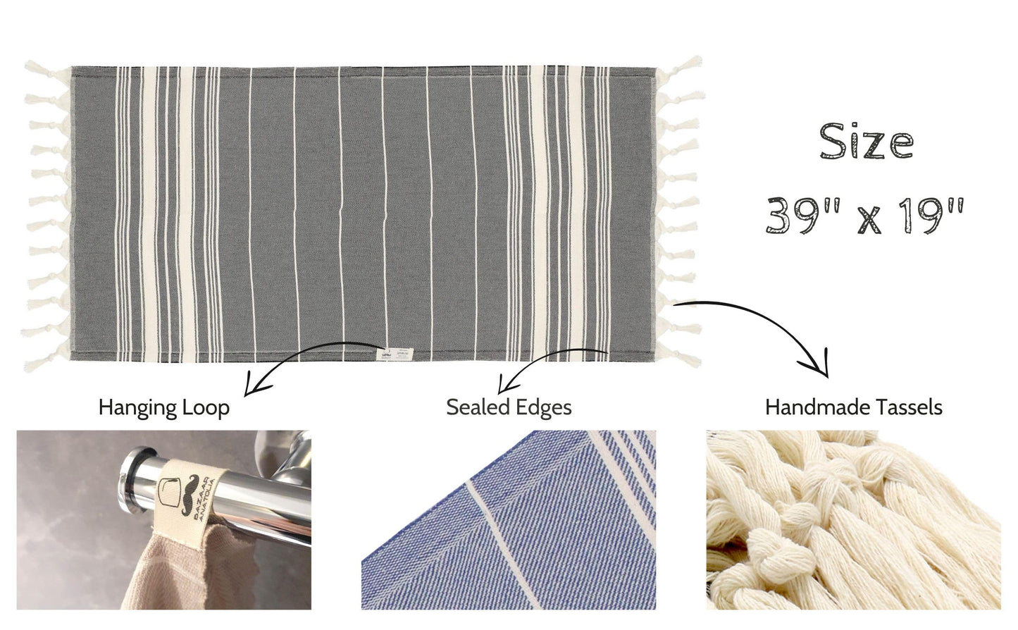 Bazaar Anatolia Hand Towels - Set of 4 | 39" x 19" - Decorative Turkish Hand Towel for Bathroom, 100% Cotton, Kitchen, Face, Hair, Tea, Dishcloth…