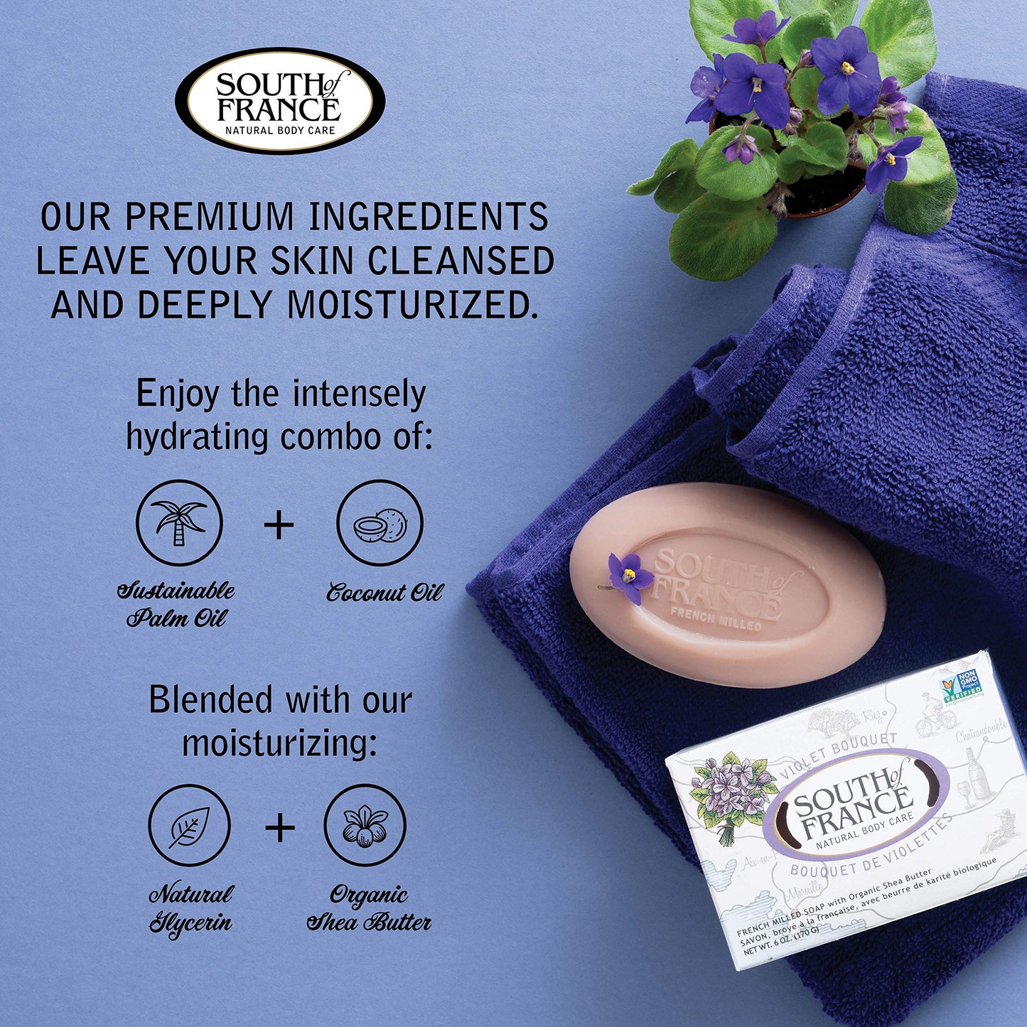 Violet Bouquet Clean Bar Soap by South of France Clean Body Care Triple-Milled French Soap with Organic Shea Butter + Essential Oils Vegan, Non-GMO